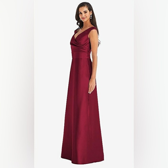 NWT Alfred Sung Off-the-Shoulder Draped Wrap Satin Burgundy Dress, Size 18 R-1 - Picture 2 of 15